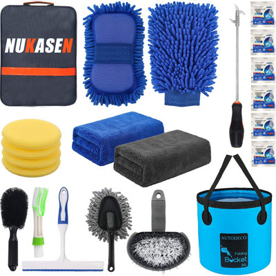 NUKASEN 22Pcs Комплект инструменти за почистване на автомивка Комплект за детайли на автомобила Сгъваема кофа Wash Wash Mitt Гъба Кърпи Четка за гуми Комплект за грижа за автомобила