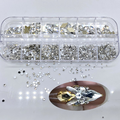 12 brațe/cutie Formă mixtă AB transparentă Strasuri de aur Cristal cu spate plat Geme de diamant 3D Sclipici Nail Art Decoratiuni DIY