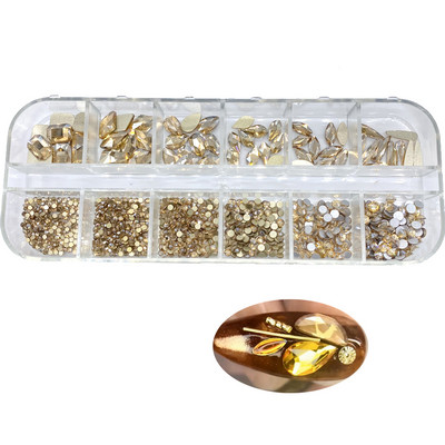 12 brațe/cutie Formă mixtă AB transparentă Strasuri de aur Cristal cu spate plat Geme de diamant 3D Sclipici Nail Art Decoratiuni DIY