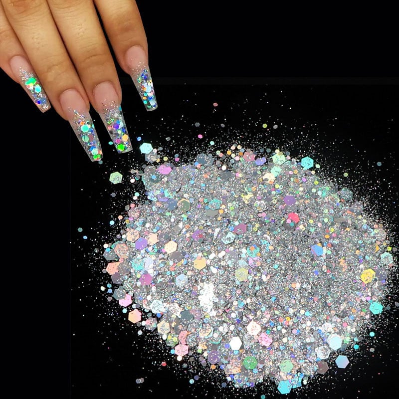 50G holografică mixtă în formă de hexagon unghii groase sclipici argintiu paiete laser fulgi strălucitori felii manichiură unghii decor artistic