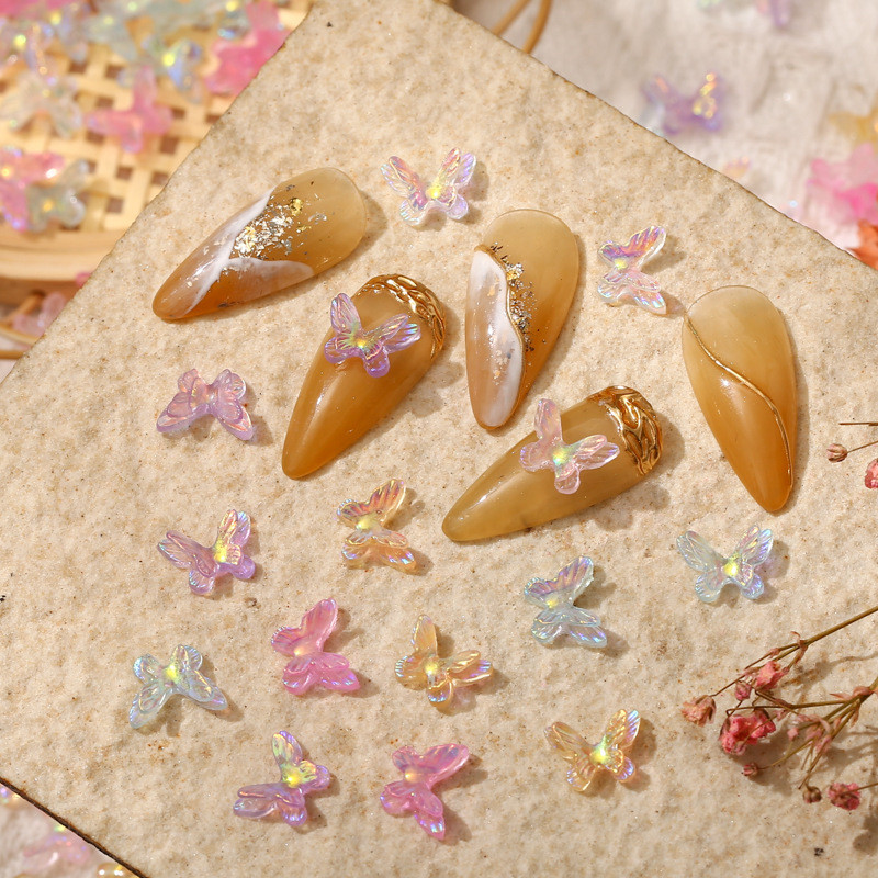 50 бр. Двоен нокът Aurora Bowknot орнаменти Aurora иридесценция AB смола покритие цветно стерео прозрачно свредло за нокти