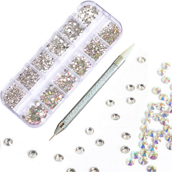 Νέο Σετ στρας νυχιών 12 πλέγματος Πολλαπλών μεγεθών 3D Crystal AB SS4-SS16 DIY Διακοσμητικά νυχιών Diamond Gems Glitter Nail Beauty
