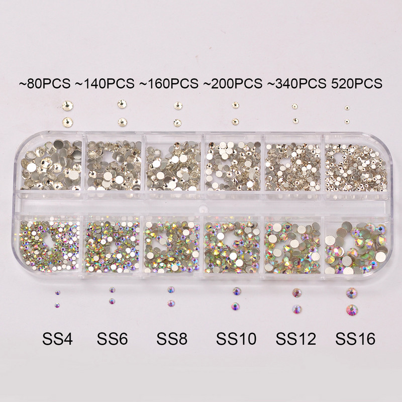 Új 12 rácsos több méretű 3D Crystal AB köröm strassz készlet SS4-SS16 DIY körömdíszítések gyémánt drágakövek csillogó köröm szépség