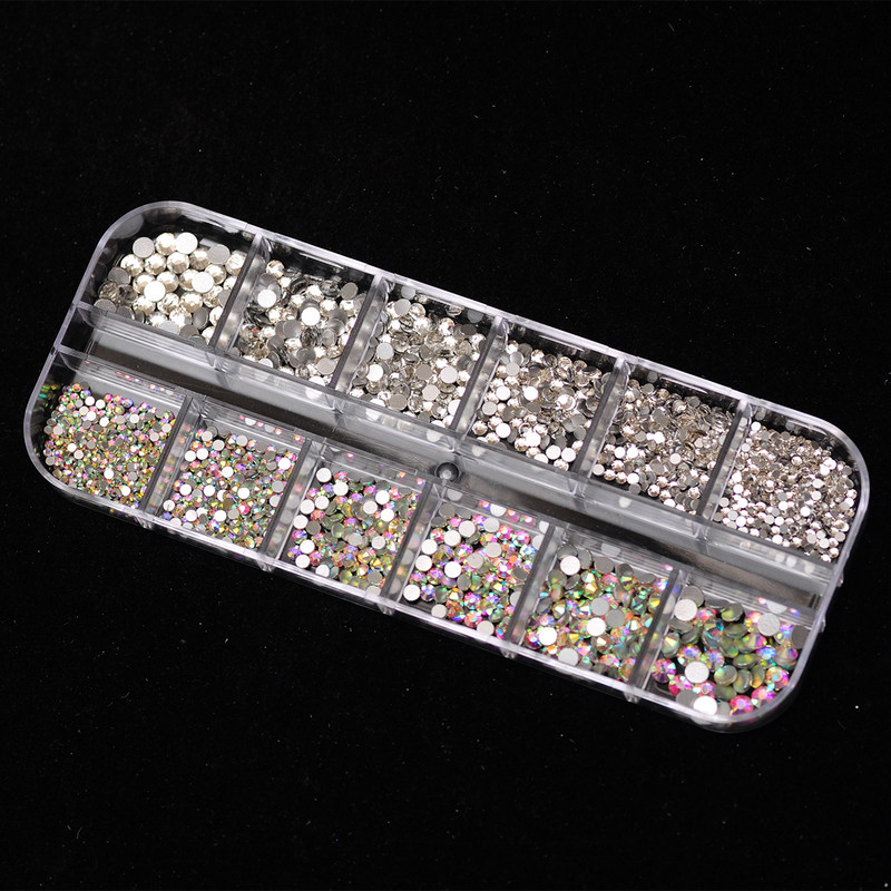 Új 12 rácsos több méretű 3D Crystal AB köröm strassz készlet SS4-SS16 DIY körömdíszítések gyémánt drágakövek csillogó köröm szépség