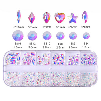 Strasuri 3D Nail Art Decoratiuni multicolore pentru unghii Aur Roșu Verde Albastru AB Dimensiuni mixte Pietre prețioase de cristal DIY Nail Art Strass