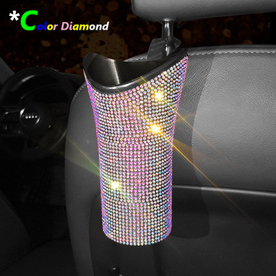 Coș de gunoi pentru mașină cu diamant cu sclipici Coș de gunoi cu umbrelă cu cârlig Cutie de depozitare pentru mașină Accesorii pentru mașină Bling Coș de gunoi rotund suspendat