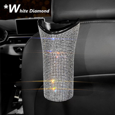 Coș de gunoi pentru mașină cu diamant cu sclipici Coș de gunoi cu umbrelă cu cârlig Cutie de depozitare pentru mașină Accesorii pentru mașină Bling Coș de gunoi rotund suspendat