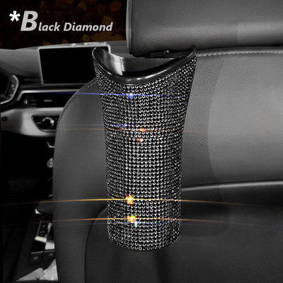 Coș de gunoi pentru mașină cu diamant cu sclipici Coș de gunoi cu umbrelă cu cârlig Cutie de depozitare pentru mașină Accesorii pentru mașină Bling Coș de gunoi rotund suspendat