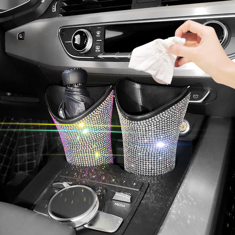 Coș de gunoi pentru mașină cu diamant cu sclipici Coș de gunoi cu umbrelă cu cârlig Cutie de depozitare pentru mașină Accesorii pentru mașină Bling Coș de gunoi rotund suspendat