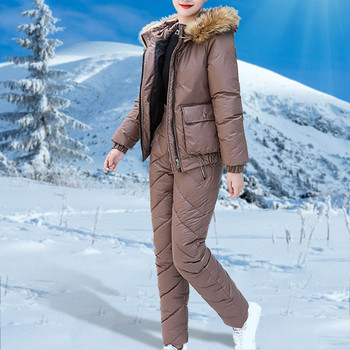 Дамски едноцветни ски костюми с качулка Ежедневни дебели горещ ски костюми за сноуборд Спорт на открито Ски костюм с цип и памучна подплата