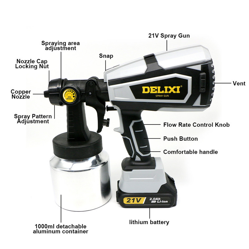 DELIXI NOU Baterie Li-ion 21V DC Capacitate 1000ML Instrument electric HVLP Pistol electric de pulverizare fără fir Pulverizator de vopsea pentru casă și exterior