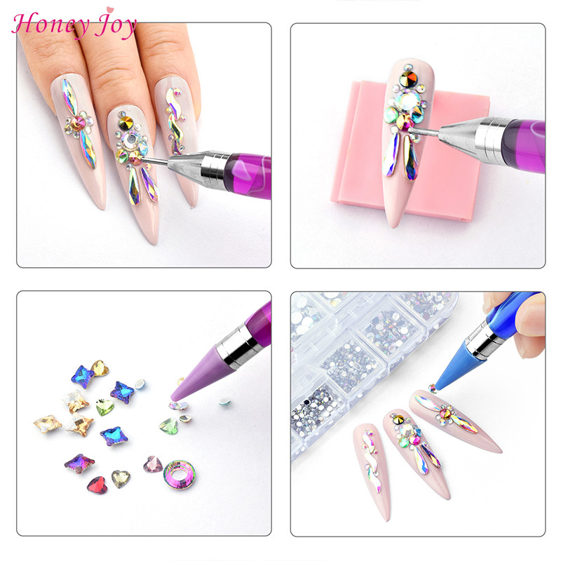 Unghii de ceară cu două capeți Selector de strasuri clare Pix pentru punctat Mâner de marmură Instrument de aplicare pentru ridicarea bijuteriilor Sfaturi autoadezive pentru cap de punct