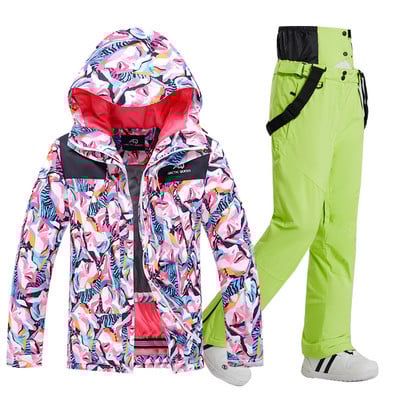 -30 de grade iarna caldă pentru femei seturi de costume de zăpadă îmbrăcăminte pentru snowboard, impermeabilă, rezistentă la vânt, jachetă de schi în aer liber și pantaloni cu bavete pentru femei