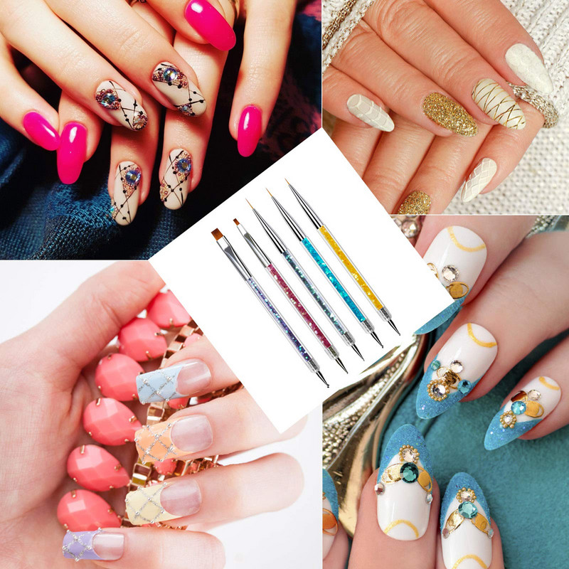 5db Nail Art Liner Brush Nail Art Point Fúró Rajzkefe Toll Köröm Pontozó Toll Kétvégű körömbélés toll