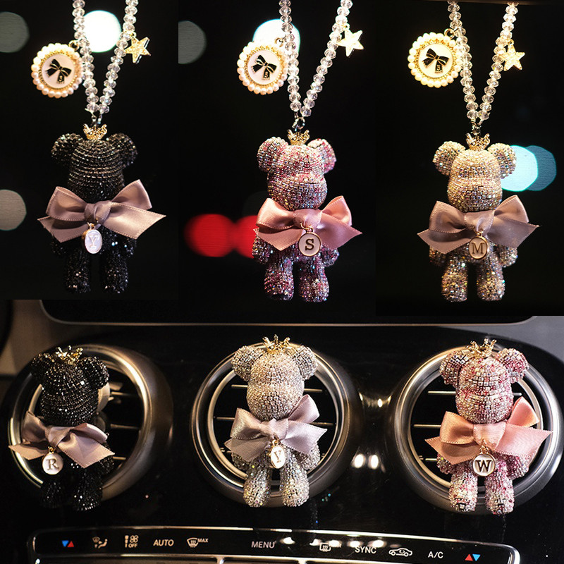 Animacinis filmas deimantinis krištolinis lankelis niūrus meškiukas automobilio pakabukas veidrodis kabantys papuošalai Bling automobilio interjero dekoravimas moteriški aksesuarai