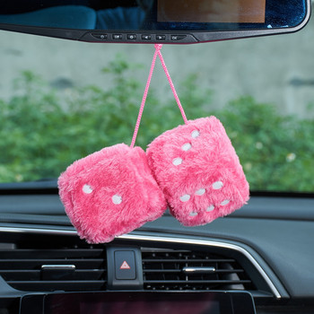 Ασαφή βελούδινα ζάρια με κουκκίδες Ρετρό τετράγωνο βελούδινο κρεμαστό καθρέφτη Fuzzy ζάρια για ροζ διακόσμηση εσωτερικού αυτοκινήτου