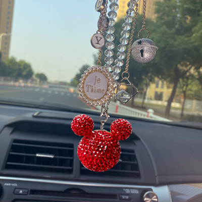 Diamante de lux cu strasuri de desene animate Mickey Head Ornamente pentru mașină, ciucuri de cristal, pandantiv, blană de nurcă, oglindă pentru mașină, decorare suspendată pentru femei