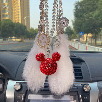 Diamante de lux cu strasuri de desene animate Mickey Head Ornamente pentru mașină, ciucuri de cristal, pandantiv, blană de nurcă, oglindă pentru mașină, decorare suspendată pentru femei