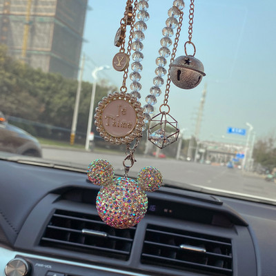 Diamante de lux cu strasuri de desene animate Mickey Head Ornamente pentru mașină, ciucuri de cristal, pandantiv, blană de nurcă, oglindă pentru mașină, decorare suspendată pentru femei