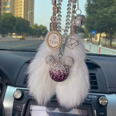 Diamante de lux cu strasuri de desene animate Mickey Head Ornamente pentru mașină, ciucuri de cristal, pandantiv, blană de nurcă, oglindă pentru mașină, decorare suspendată pentru femei