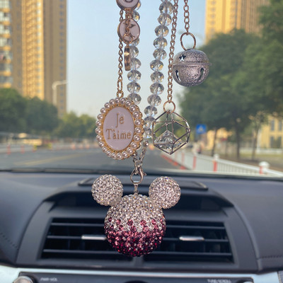 Diamante de lux cu strasuri de desene animate Mickey Head Ornamente pentru mașină, ciucuri de cristal, pandantiv, blană de nurcă, oglindă pentru mașină, decorare suspendată pentru femei