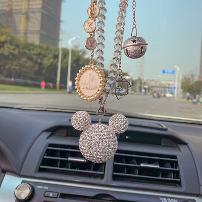 Diamante de lux cu strasuri de desene animate Mickey Head Ornamente pentru mașină, ciucuri de cristal, pandantiv, blană de nurcă, oglindă pentru mașină, decorare suspendată pentru femei