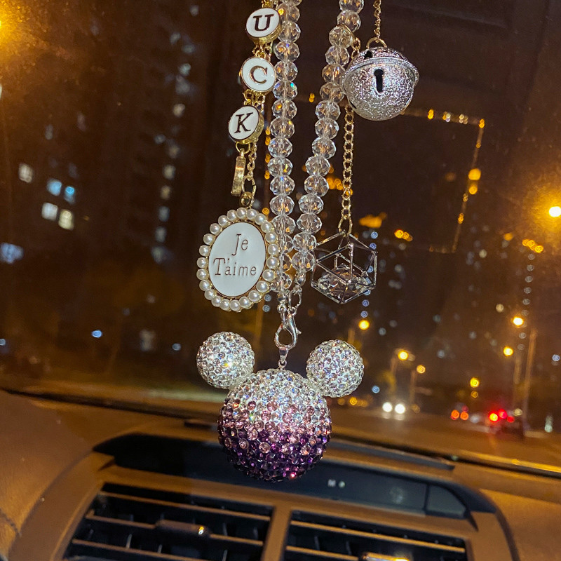 Diamante de lux cu strasuri de desene animate Mickey Head Ornamente pentru mașină, ciucuri de cristal, pandantiv, blană de nurcă, oglindă pentru mașină, decorare suspendată pentru femei