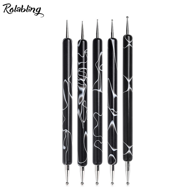 5db/készlet 2 utas Nail Art Pöttyöző Toll Márványozó Festés Rajz Toll Ecset Köröm Art Ecsetkészlet UV Gél Köröm Pöttyöző Szerszámkészlet