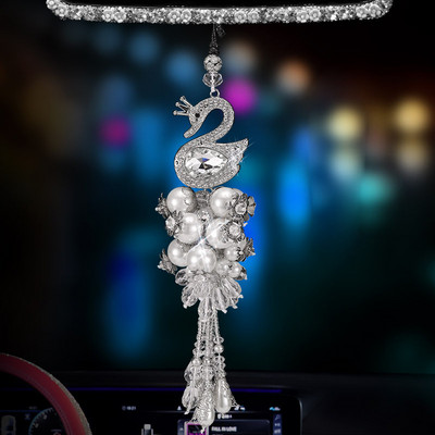 Diamante de lux Accesorii drăguțe pentru mașini Fete Femei Strass Lebădă Mașină Oglindă Ornament pentru agățat Pandantiv BlingBling Cristal
