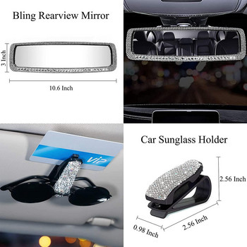 3PCS Bling Капак за огледало за обратно виждане на автомобил Кристална диамантена декорация и щипка за държач за слънчеви очила с кристали Интериорни аксесоари