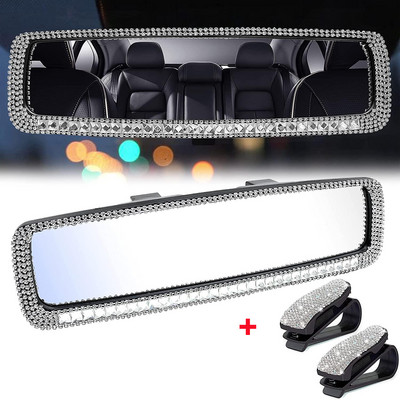3PCS Bling Капак за огледало за обратно виждане на автомобил Кристална диамантена декорация и щипка за държач за слънчеви очила с кристали Интериорни аксесоари