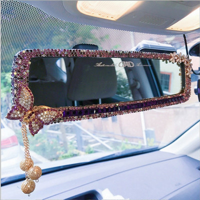 Rhinestone Rearview Mirror Decor Butterfly Car Interior Charm Crystal Bling Diamond Rear View Mirror Cover Auto Accessories
