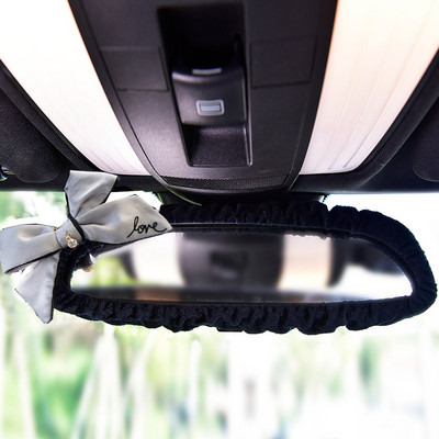 Capac pentru oglindă interioară a mașinii cu bowknot drăguț pentru oglindă retrovizoare automată, elastică de pluș, accesorii de decorare pentru femei și fete
