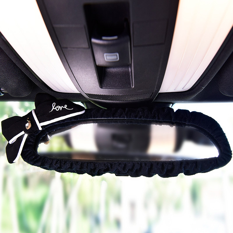 Capac pentru oglindă interioară a mașinii cu bowknot drăguț pentru oglindă retrovizoare automată, elastică de pluș, accesorii de decorare pentru femei și fete