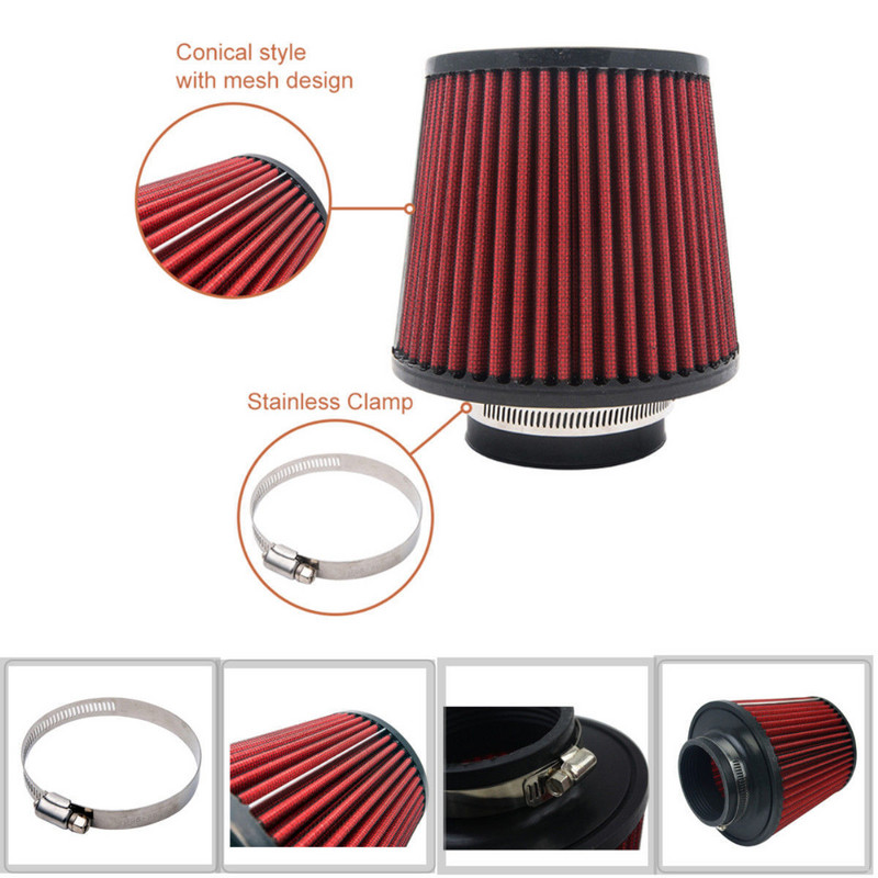 Priză universală de aer rece, rotundă, conică, 100 mm, 3,9 inchi, filtru de aer roșu