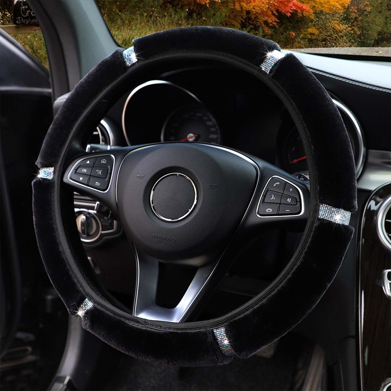 Universal 37-38cm din pluș moale cu strass pentru volanul mașinii Piese interioare Accesorii Decorație de protecție a capacului de direcție