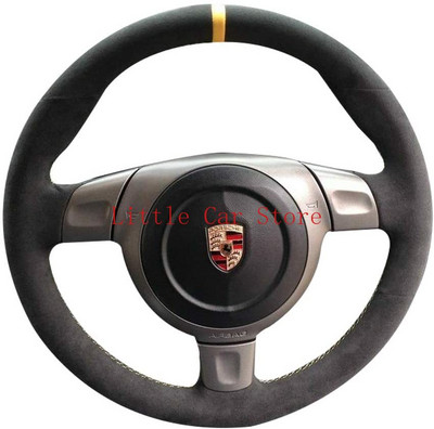 Melns zamšādas ādas auto stūres pārsegs ar roku uzšūts uz iesaiņojuma, piemērots Porsche 911 997 987 2005-2012