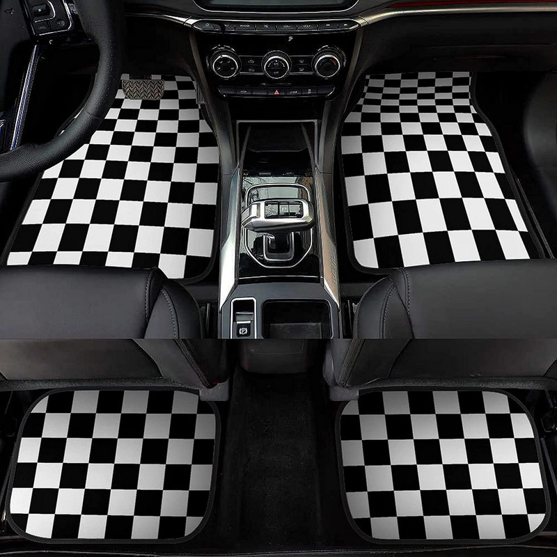 Bagea-Ka Negru Alb Model steag în carouri de curse Covorașe pentru mașină Set de protecție față spate din 4 piese Covor universal pentru orice vreme