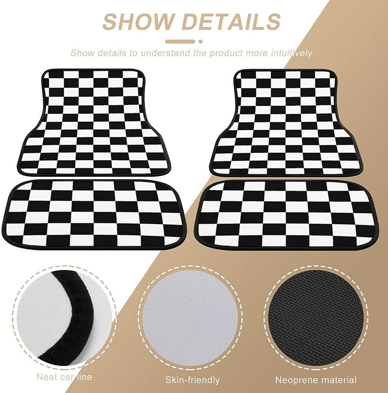 Bagea-Ka Negru Alb Model steag în carouri de curse Covorașe pentru mașină Set de protecție față spate din 4 piese Covor universal pentru orice vreme