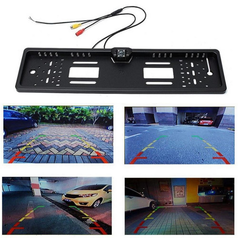 Automobilio galinio vaizdo kamera Europos valstybinio numerio ženklo rėmas, atsparus vandeniui naktinio matymo atbulinės eigos kameros LED lemputė