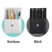 Set de pensete pentru sprâncene profesionale din oțel inoxidabil, 6 bucăți, instrument pentru înclinare a părului, autocolante pentru cleme pentru sprâncene, cu carcasă, set de instrumente de machiaj, negru