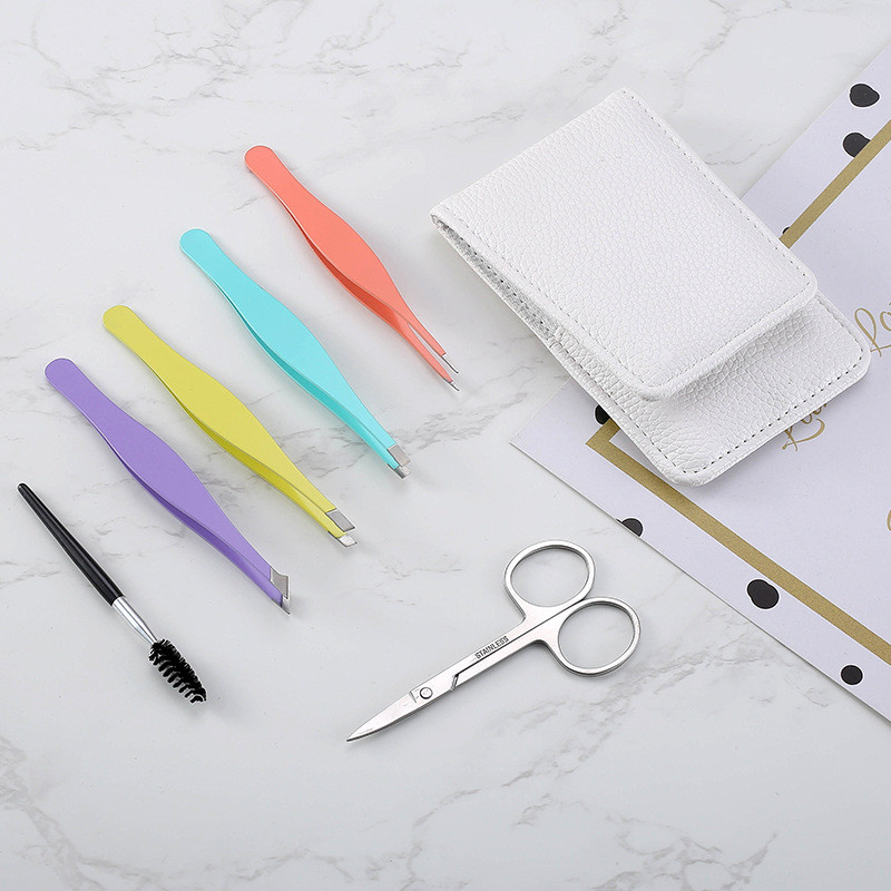 Set de pensete pentru sprâncene profesionale din oțel inoxidabil, 6 bucăți, instrument pentru înclinare a părului, autocolante pentru cleme pentru sprâncene, cu carcasă, set de instrumente de machiaj, negru