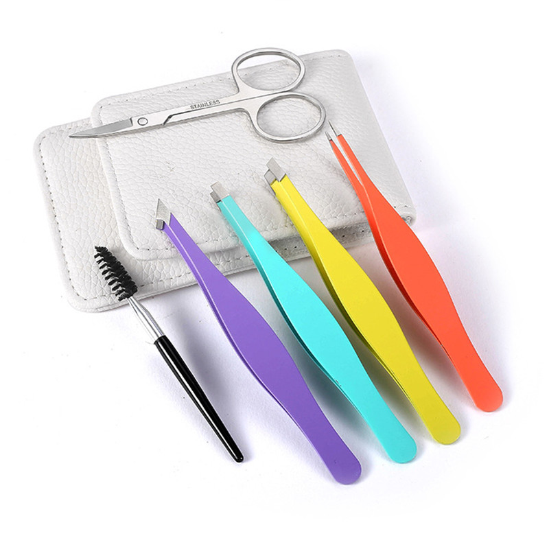 Set de pensete pentru sprâncene profesionale din oțel inoxidabil, 6 bucăți, instrument pentru înclinare a părului, autocolante pentru cleme pentru sprâncene, cu carcasă, set de instrumente de machiaj, negru