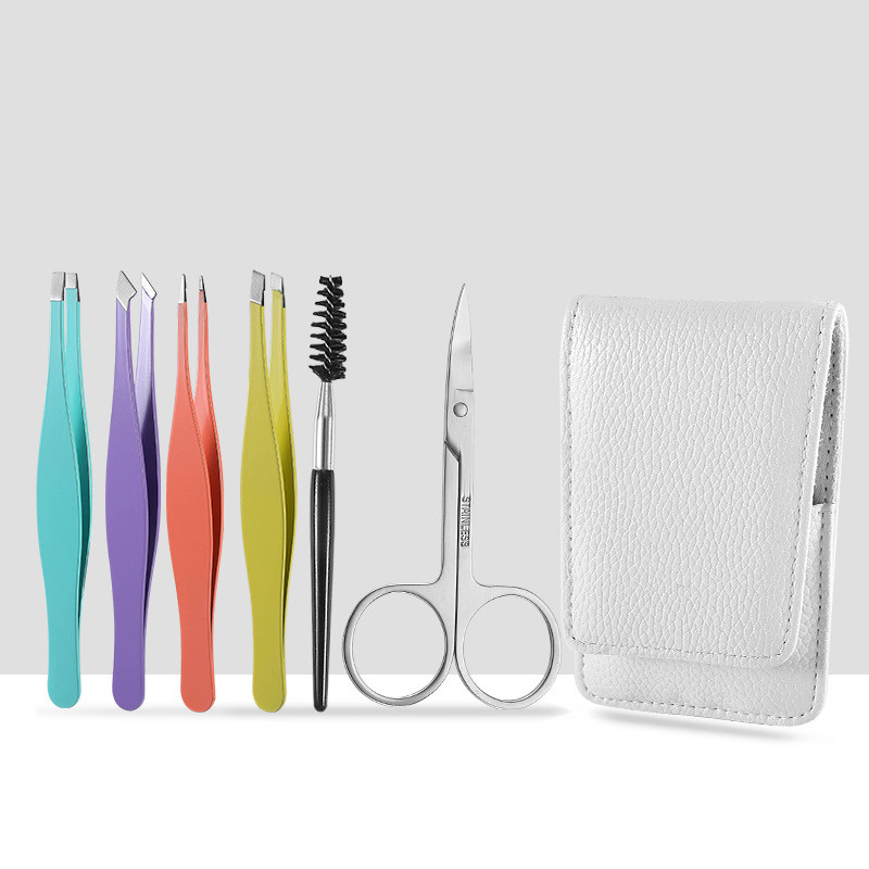 Set de pensete pentru sprâncene profesionale din oțel inoxidabil, 6 bucăți, instrument pentru înclinare a părului, autocolante pentru cleme pentru sprâncene, cu carcasă, set de instrumente de machiaj, negru