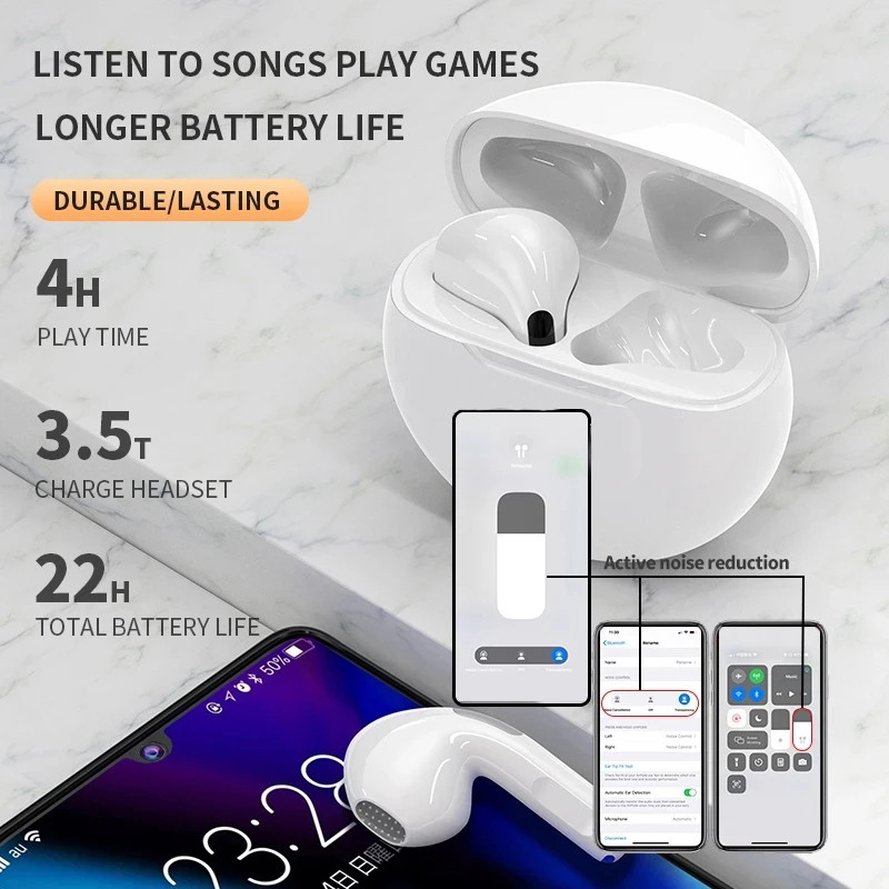 Originalios „Air Pro 6 TWS“ belaidės „Bluetooth“ ausinės „Mini Pods“ ausinės „Earpod“ ausinės, skirtos „Xiaomi Android Apple iPhone“ ausinėms