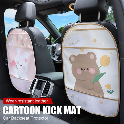 Car Backseat Protector Cartoon Kick Mat with Storage Pockets Seat Back Cover Anti-Kick Pad for Kids Waterproof Leather 2 Sizes
