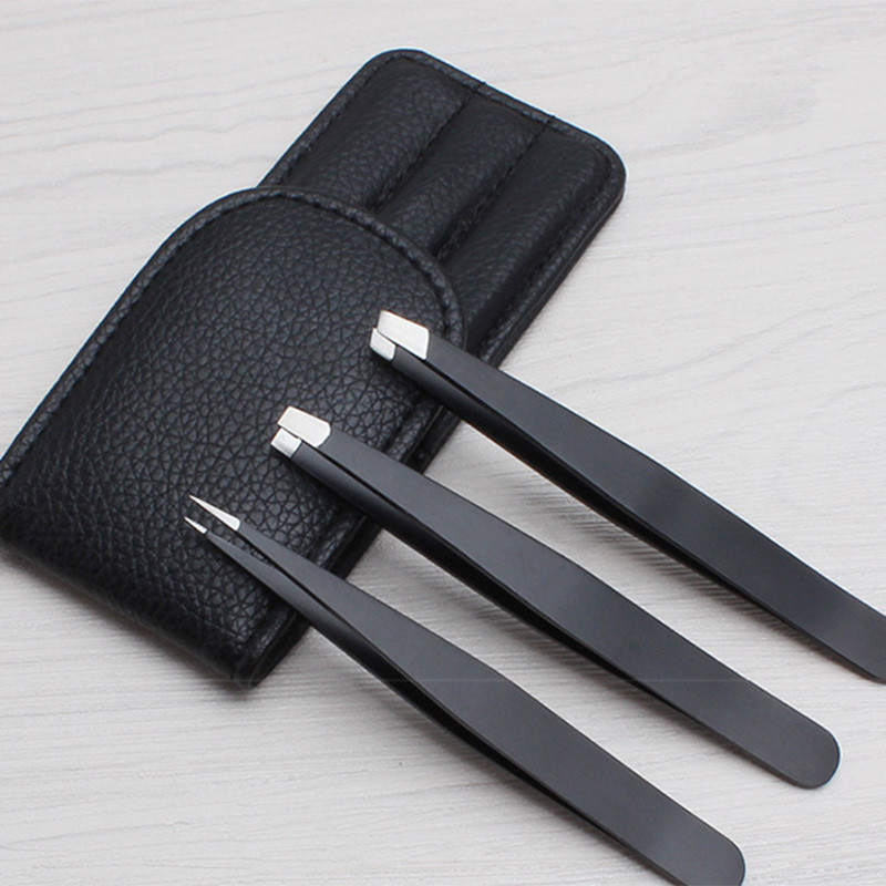 3 vnt Profesionalūs blakstienų pincetai įaugusių plaukų šalinimo įrankio ištraukimui iš nerūdijančio plieno nešiojami antakių segtukai su rožiniu maišeliu