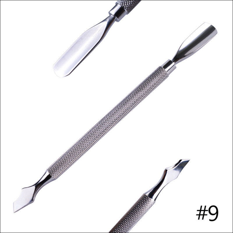 1 Dviejų galvų manikiūro pirštų odelių stūmimo ranka Dead Skin Nagų dailės odelių šalinimas nerūdijančio plieno pedikiūro nagų valymo priemonė