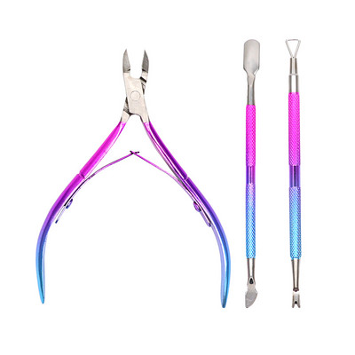3 vnt./dėžutė Gradient Mėlyna nerūdijančio plieno odelių stūmimo žirklių rinkinys Nagų dailės manikiūro įrankiai Nagų stūmimo odelių nagų nuėmimo žnyplė