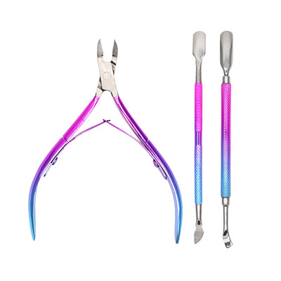 3 vnt./dėžutė Gradient Mėlyna nerūdijančio plieno odelių stūmimo žirklių rinkinys Nagų dailės manikiūro įrankiai Nagų stūmimo odelių nagų nuėmimo žnyplė